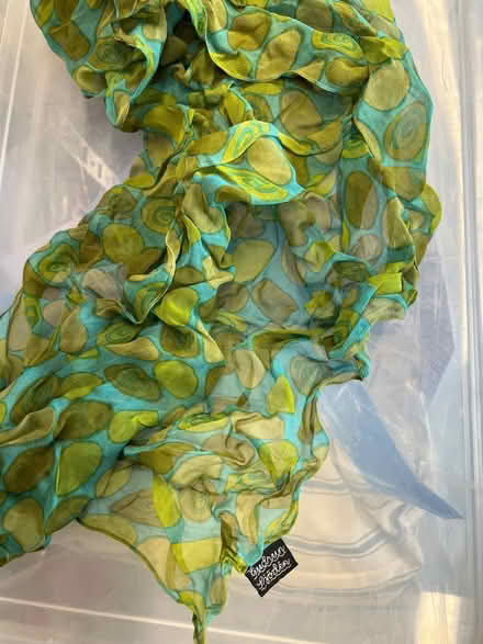 Photo of free Gudrun Sjoden scarf, turquoise lime and olive, 100% rayon (Harley Shute TN38) #1