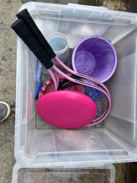 Photo of free Various garden/beach toys and plastic cups in plastic box (Dane Mead RG24) #1