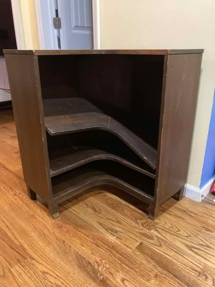 Photo of free Corner Wood Bookshelf (needs love) (Bed Stuy (Brooklyn)) #2