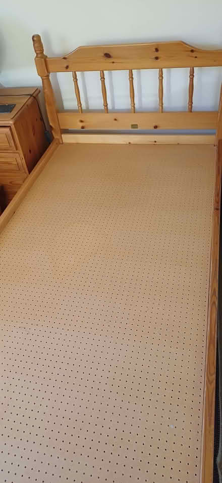 Photo of free Single 3 ft. Pine bed with mattress and cover. (Starston IP20) #3