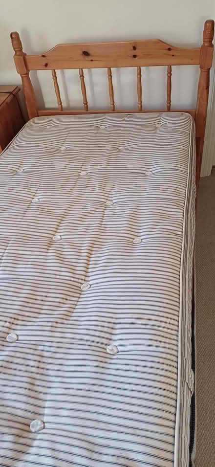 Photo of free Single 3 ft. Pine bed with mattress and cover. (Starston IP20) #2