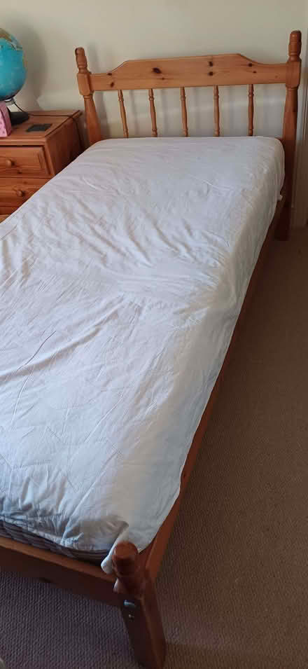 Photo of free Single 3 ft. Pine bed with mattress and cover. (Starston IP20) #1