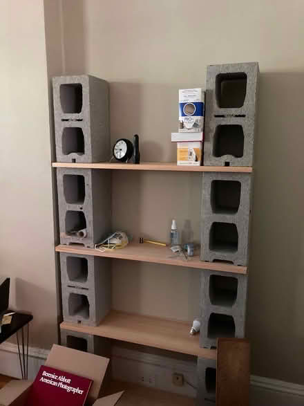 Photo of free 24 cinder blocks with wood shelving (Dobbs Ferry) #1