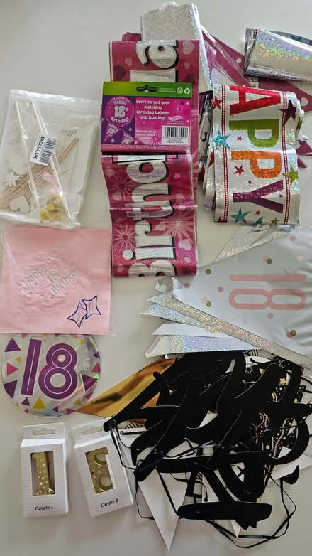 Photo of free 18th Birthday pink badge, banners, unused candles, napkins, (Townsend AL3) #1