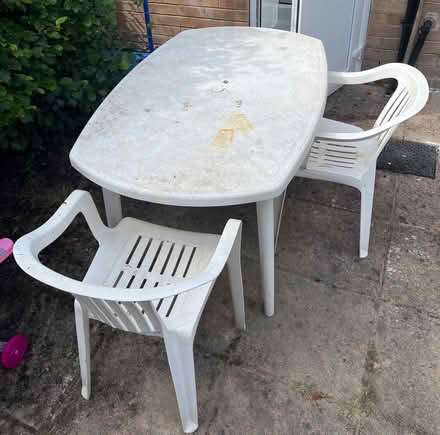 Photo of free White plastic garden table and 2 chairs (Totley S17) #2