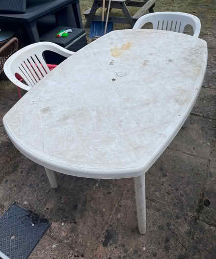 Photo of free White plastic garden table and 2 chairs (Totley S17) #1