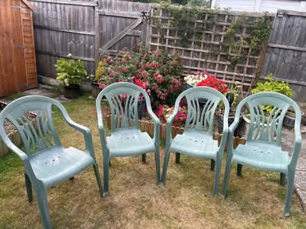 Photo of free 4 Green plastic garden chairs (Joydens Wood DA2) #1