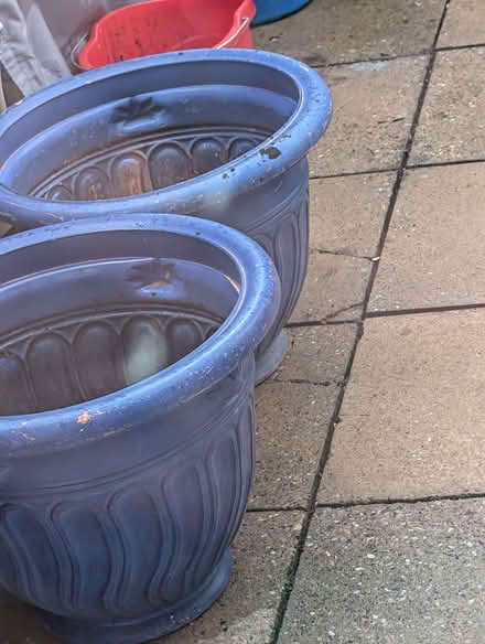 Photo of free 2 blue plastic large garden plant pots (Barton-in-Fabis CP NG11) #1
