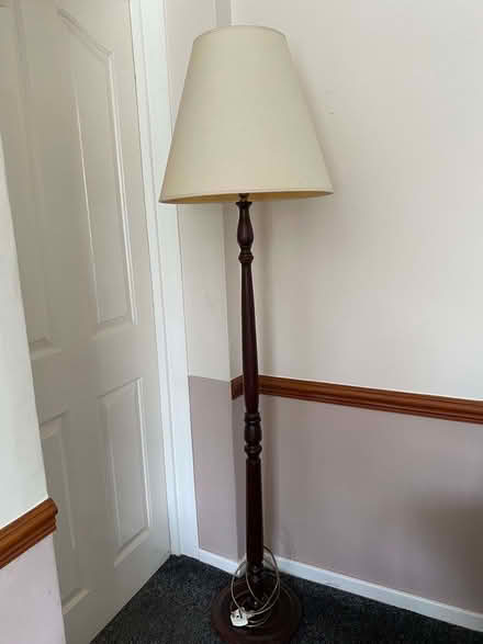 Photo of free Standard lamp wooden base with cream shade (Sewerby YO16) #1