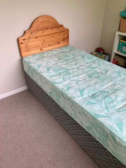 Photo of free Single bed, base, mattress and pine headboard (Charlton Kings GL52) #2