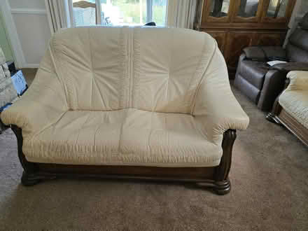 Photo of free 3 piece leather wood sofa (Flitwick) #2