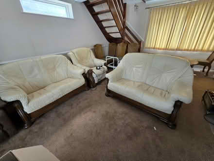 Photo of free 3 piece leather wood sofa (Flitwick) #1