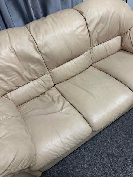 Photo of free 2 cream leather 3 seater sofas (Thornhill lees Dewsbury) #1