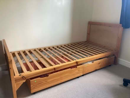 Photo of free Single bed with 2 underbed drawers on wheels and mattress (Kendal LA9) #1