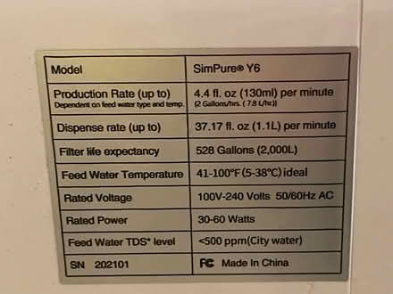 Photo of free SimPure Y6 water filtration system (Tewksbury) #4