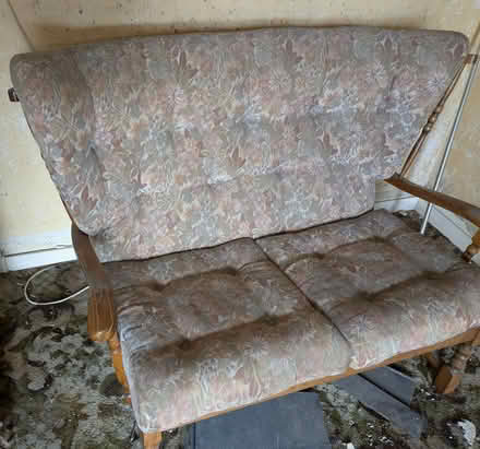 Photo of free Two seater wood framed sofa (PH10 Kirkton of Lethendy) #1