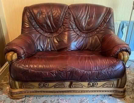 Photo of free Sofa - 7 seater furniture set, burgundy leather and wood (Green Street Green BR6) #1