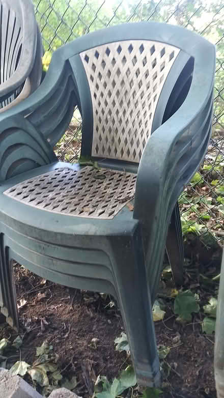 Photo of free 4 green and white plastic chairs (Burlington) #1