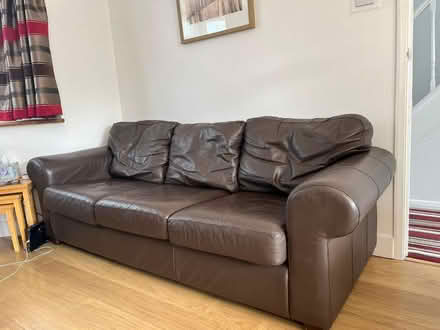 Photo of free 3 seater leather sofa and armchair (Tw18 1EJ) #1