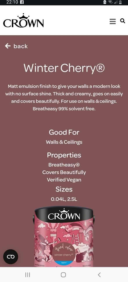 Photo of free Crown matt emulsion, Winter Cherry (Cale Green SK3) #1