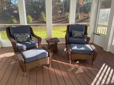 Photo of free 2 faux wicker chairs/ottomans (Frontier Lane Millis) #1
