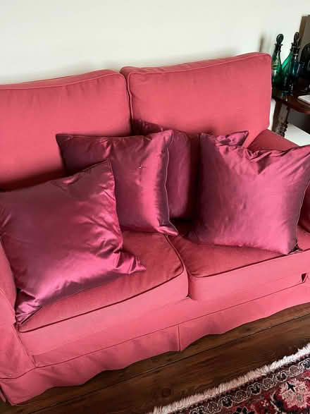 Photo of free Four Burgundy Silk covered cushions 43cmx 43cm (Bath & North East Somerset) #1