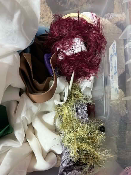 Photo of free Box full of fabric squares, wool, knitting needles etc (Hailsham BN27) #2