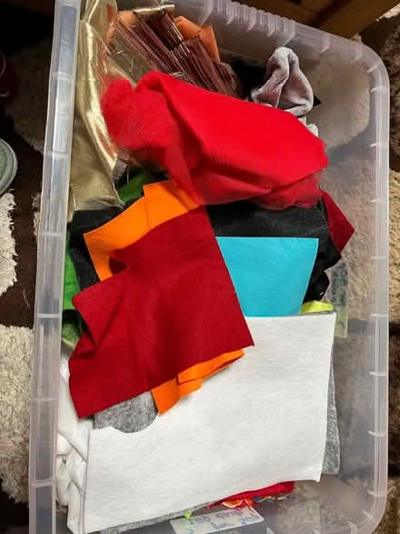 Photo of free Box full of fabric squares, wool, knitting needles etc (Hailsham BN27) #1