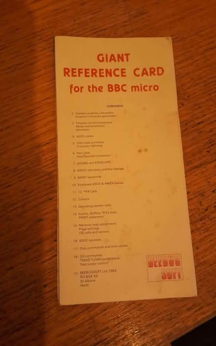 Photo of free "Giant reference card for the BBC micro" (Matlock DE4) #1
