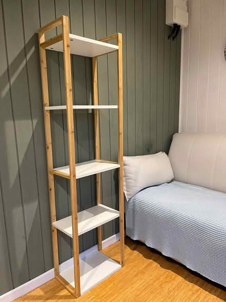 Photo of free Narrow shelving unit, white and bamboo (Cubbington CV32) #1