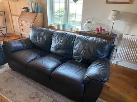 Photo of free 3 seater & 2 seater brown leather sofas plus foot stool (Cregrina LD1) #1