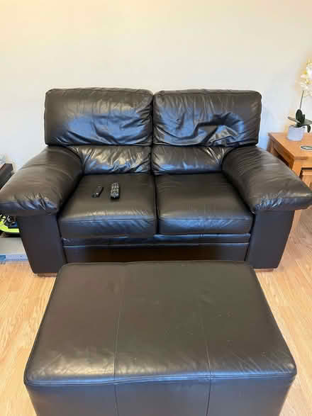 Photo of free 2 Next Brown Leather Sofas & Matching Leather Stool (Mill Green AL7) #1