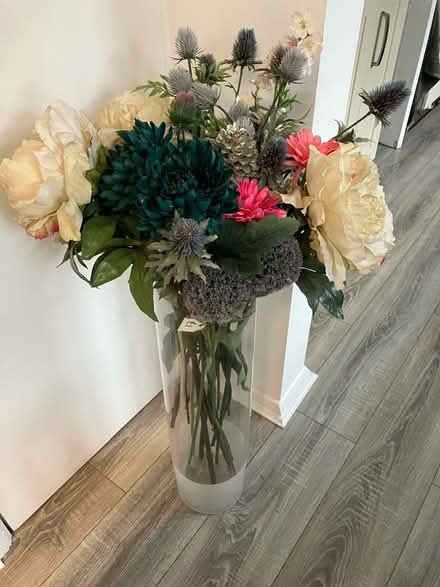 Photo of free Tall glass vase with faux flowers (Croxley Green WD3) #1