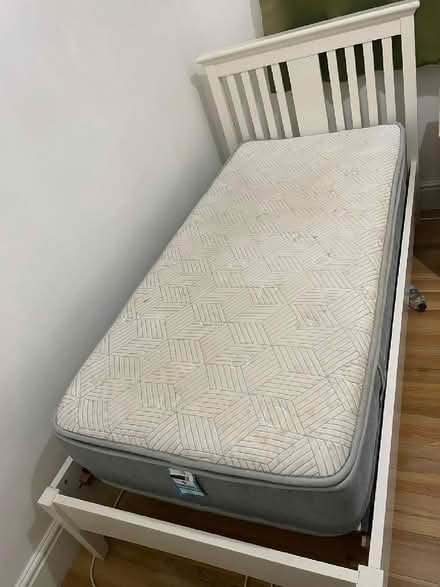 Photo of free White wooden single bed with head board and mattress (Woodseats S8) #1