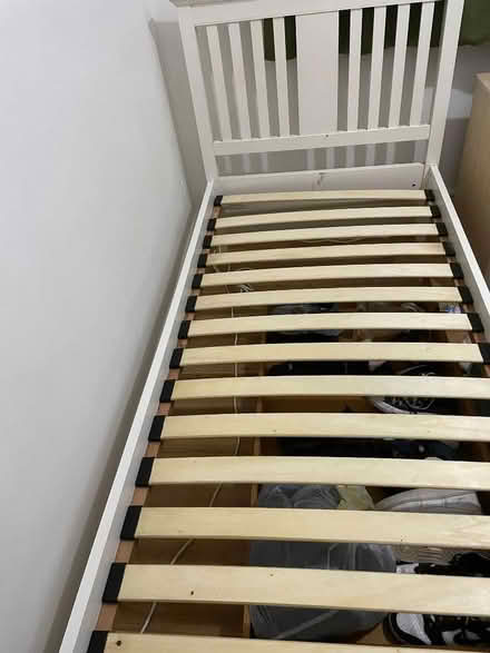 Photo of free White wooden single bed with head board and mattress (Woodseats S8) #4