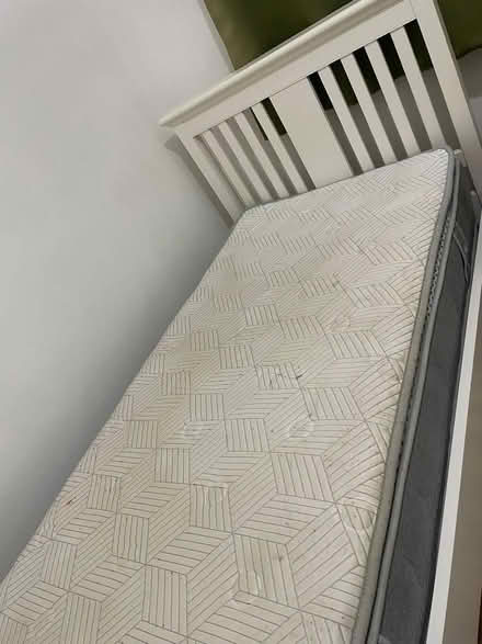 Photo of free White wooden single bed with head board and mattress (Woodseats S8) #2