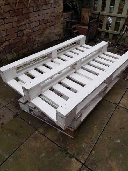 Photo of free 2 painted wooden palettes (1 cut in half) (Nether Green S11) #1