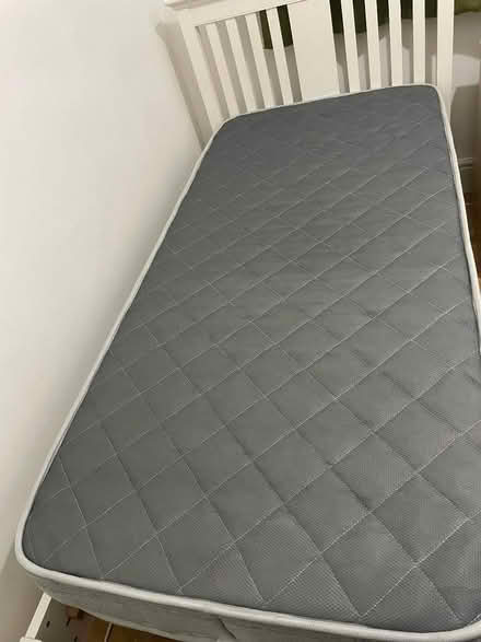 Photo of free White wooden single bed with head board and mattress (Woodseats S8) #3
