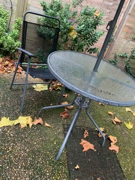 Photo of free Glass topped garden table with umbrella ☂️/ parasol (Bow E3) #3