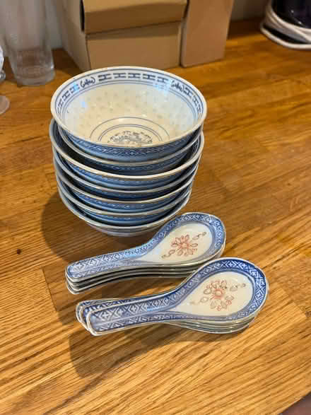 Photo of free Chinese Rice Pattern bowls & spoons (Cowfold) #1