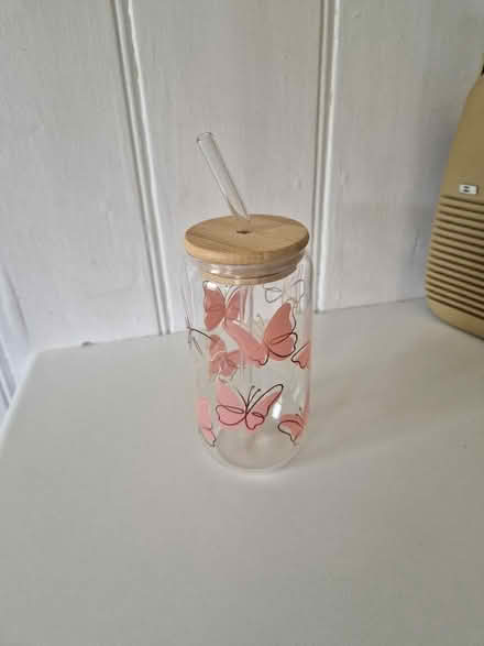 Photo of free Butterfly Patterned Drinking Glass With Straw - Unused (Ore TN34) #1