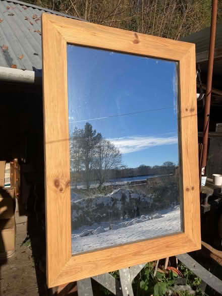 Photo of free Large pine-framed mirror with scratches in one corner. (Meifod SY21) #1