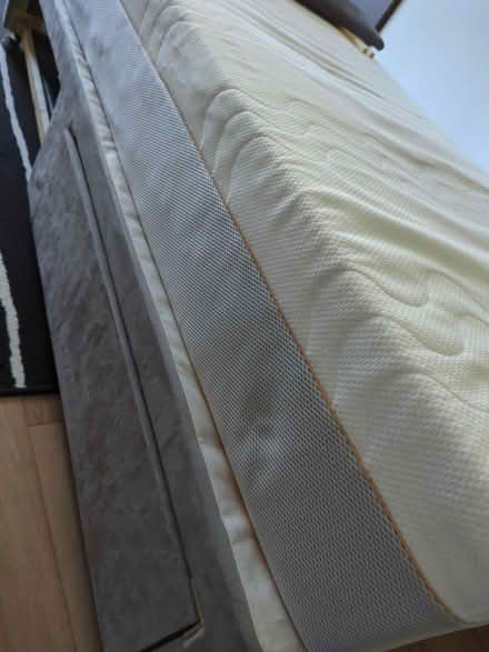 Photo of free Single bed headboard+grey+mattress (Addlestone) #1