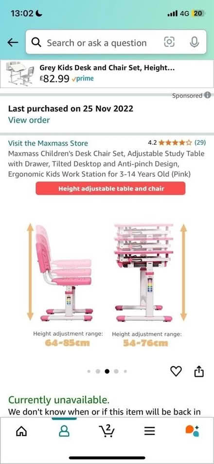 Photo of free Height adjustable Girls pink and white desk with chair (Heald Green SK8) #3