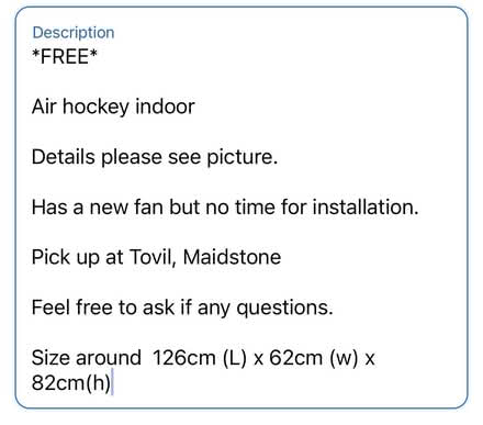Photo of free Air hockey table (Tovil ME15) #2