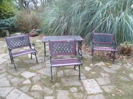 Photo of free cast iron patio garden table chairs (Runcton PO20) #1