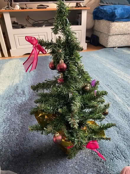 Photo of free 1 foot small Xmas tree and bag of assorted Xmas decorations (Hale End E4) #1