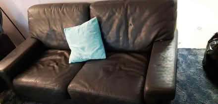 Photo of free Brown leather 2 seater sofa and pouffe (Earwig Corner BN7) #2