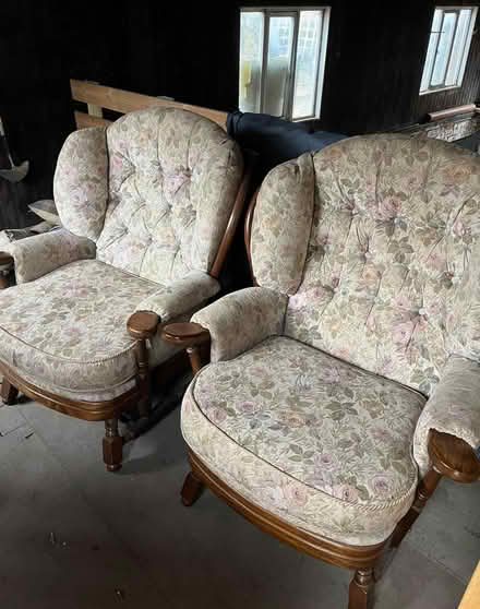 Photo of free 2 x floral armchairs wooden frame (Montford Bridge) #1