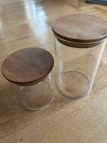 Photo of free 2 glass storage jars with wood lids (Near Kew Gardens, Richmond) #1